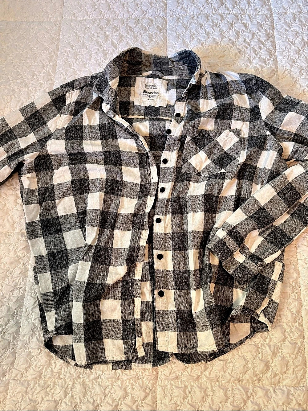 Bluenotes Boyfriend Fit Plaid Flannel Shirt Gray & White XL